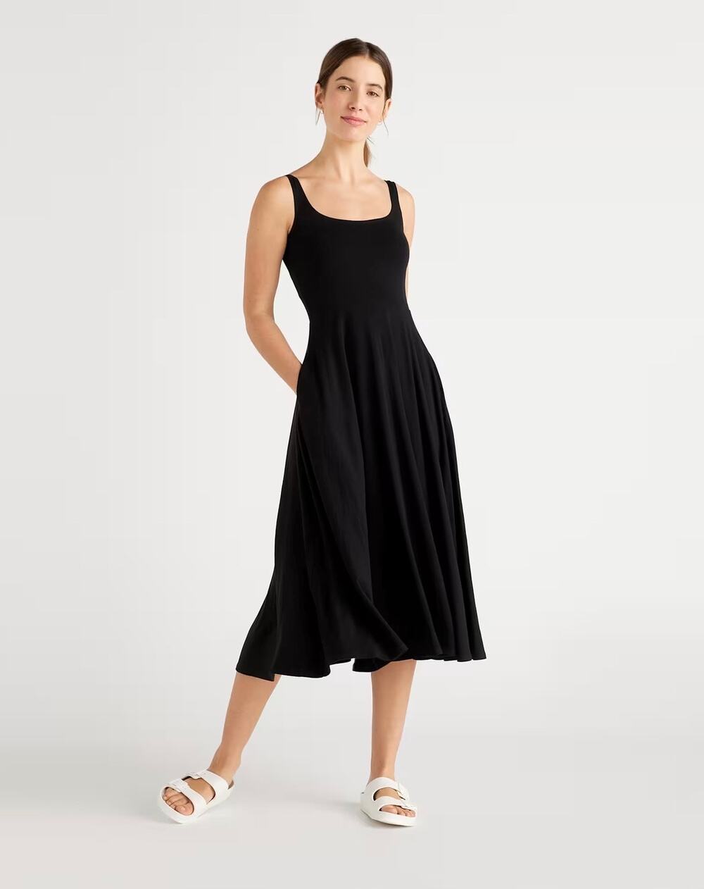 Quince Tencel Jersey Fit & Flare Midi Dress Black M Sleeveless Stretch